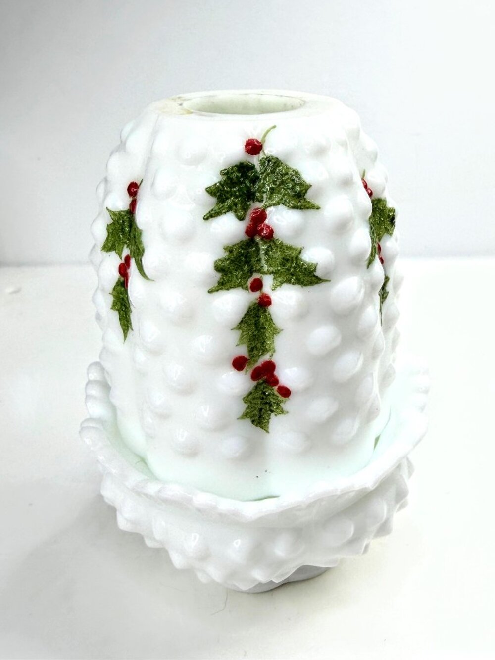 Vintage Fenton Milk Glass Hobnail Holly Berry Fairy Lamp Signed B. Cain A1062